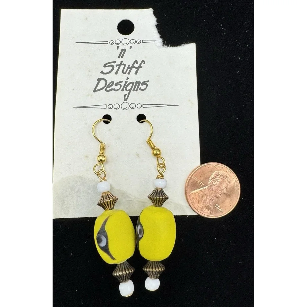 Yellow Glass Bead Dangle Earrings‎ Boho Retro Handmade Vintage